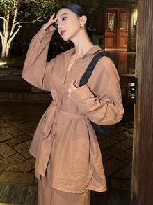 DAZY Women's Casual Solid Color Belt Shirt And Wide Leg Pants 2 Pieces Set, Spring Lounge Sets For Women - Khaki - View 1