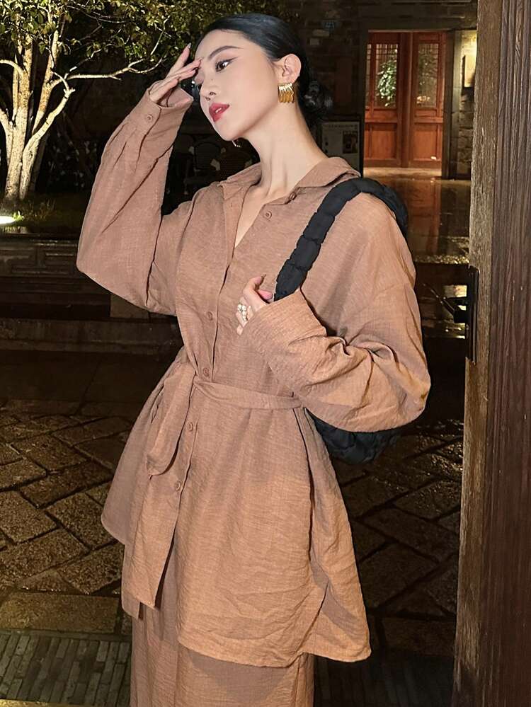Women's Casual Solid Color Belt Shirt And Wide Leg Pants 2 Pieces Set, Spring