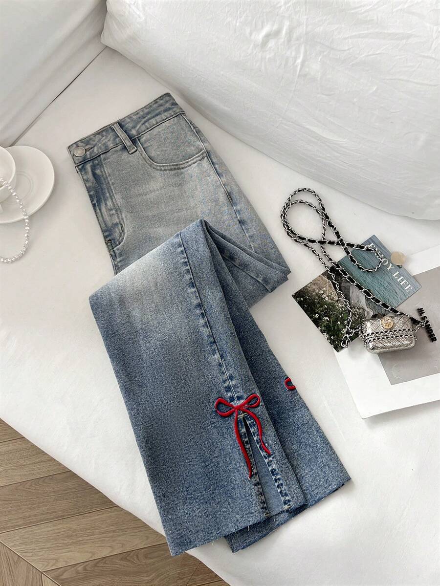 Elamini 中腰红色刺绣蝴蝶结水洗七分牛仔裤 - 淺色水洗藍 - 查看 1