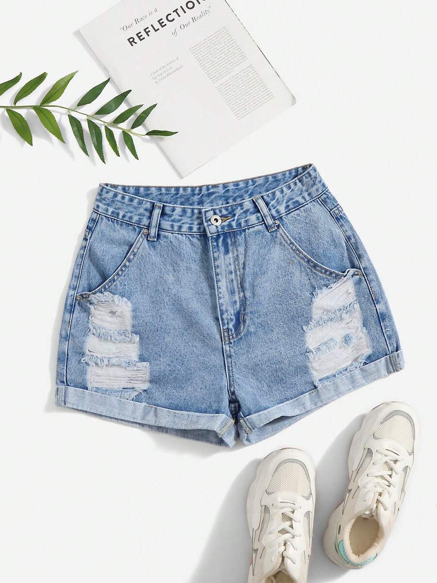 Breezaya Quần short denim nữ cỡ lớn, rách, có túi, kiểu dáng thường ngày, đa năng. - Màu xanh lam - Xem 1