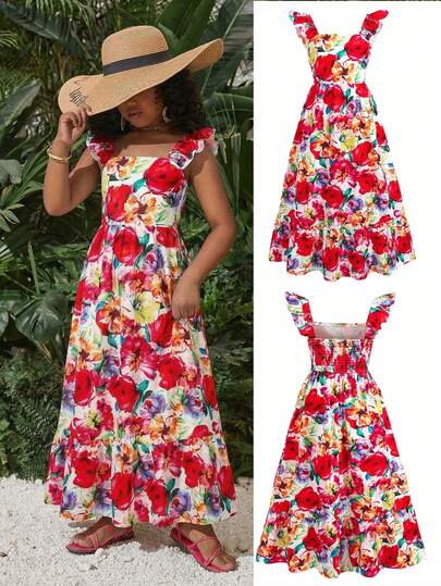 SHEIN Tween Girl Ditsy Floral Square Neck Sleeveless Casual Vacation Dress, Minimalist Sleeveless Floral Cami Sundress For Family Holiday, Beach Trip