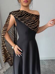Elenzga 优雅都市时尚新款夏季黑色不对称肩部A字连衣裙，搭配单侧斑马纹披肩，适合日常穿着、婚礼、晚宴、通勤、毕业派对、节日、假期、约会、聚会、万圣节、圣诞节、新年、感恩节、婚礼等场合 - 女装 - 黑色 - 查看 6