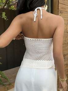 Sunnyshic Women's Spring/Summer Floral Pattern Halter Neck Tie Hollow Out Knit Top - Beige - View 2