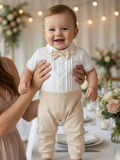 Souflis Souflis 0-3岁婴幼儿男女通用绅士风领结短袖连体衣，适合6-24个月男婴，春夏日常/户外/居家穿着。