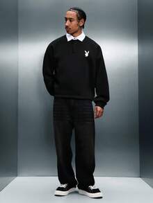 PLAYBOY X SUMWON 男士长袖翻领 Polo 衫，饰有兔子图案，休闲秋冬街头风经典纽扣门襟上衣 - 黑色 - 查看 3