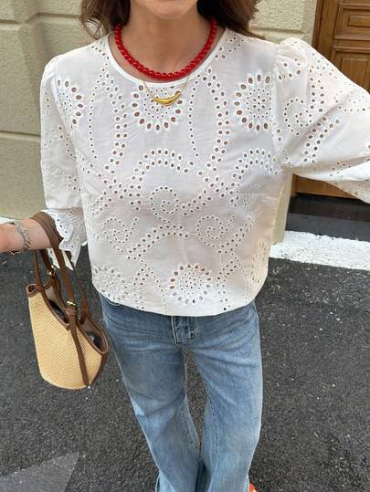 Solivie Women's Vacation Casual Solid Color Hollow Embroidered Blouse