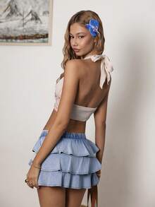 Sunnyshic Women's Elastic Waist Layered Ruffle Hem Fashionable Denim Skirt - Blue - View 3