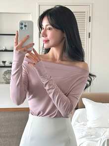 DAZY 女士优雅紫色不对称肩部修身T恤 - 紫色 - 查看 1