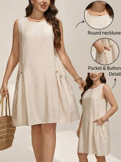 Comfylo 大码无袖纯色休闲连衣裙，夏季