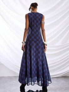 LYSMO 2026 New Arrive Minimalism Spring/Summer Women's Round Neck Plaid Pleated Elegant Waist Cinched Long Dress, Suitable For Dates And Outings,Plain/Casual - Multicolor - View 2