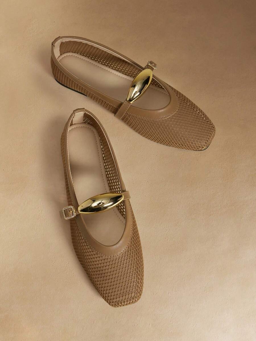 Rosivie Giày nữ mới của European Station mùa hè 2026, khóa kim loại, kiểu lưới, cổ thấp, giày Mary Jane khoét rỗng. - Màu be - Xem 1