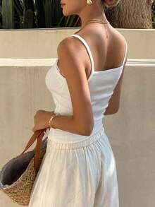 DAZY Women's Summer Lace Patchwork Fitted Cropped Camisole, Casual Street Style Layering Tank Top - White - View 4