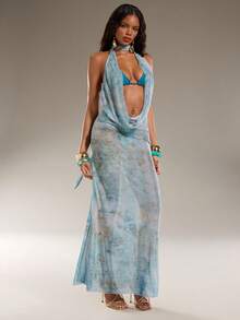 Normani Damen Neues Sommerkleid, Batik-Muster Boho transparente Strandabdeckung, elegantes, sexy, romantisches Retro-Kleid mit tiefem Rückenausschnitt und Raffung am Ausschnitt, Damen Resort-Bekleidung, Damen Strandkleid, Wickelkleider für Damen, Damenkleider - Verschiedenfarbig - Übersicht 4
