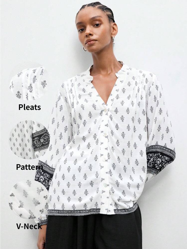 SHEIN Maija Women's Casual Ditsy Floral Notched Neck Lantern Sleeve Blouse, Summer Spring Button Decoration At The Front Opening Easter Party Beach Going Out Summer Holiday Casual Work Summer Blouse For Women Casual Modern Blouses Shirts Women's Tops And Blouses Festival Outfits For Women