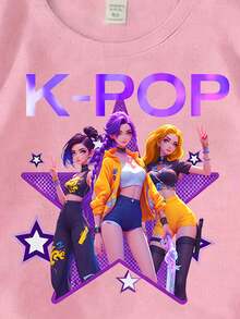 Kpop人物印花圆领短袖T恤和打底裤休闲套装，适合年轻女孩 - 彩色 - 查看 4