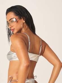 MISSGUIDED Women's Metallic Silver Bikini Set With Spaghetti Straps Tie Side String Bottom Two Piece Swimwear Beach Summer Vacation - Silver - View 2
