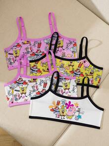 SpongeBob SquarePants | SHEIN 4pcs/Set Tween Girl Contrast Trim Cartoon Print Camisole Underwear - Multicolor - View 1
