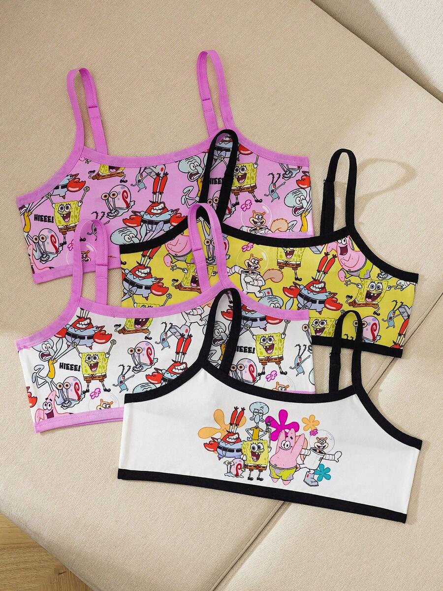 SpongeBob SquarePants | SHEIN 4pcs/Set Tween Girl Contrast Trim Cartoon Print Camisole Underwear - Multicolor - View 1