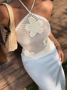 Sunnyshic Women's Spring/Summer Floral Pattern Halter Neck Tie Hollow Out Knit Top - Beige - View 3