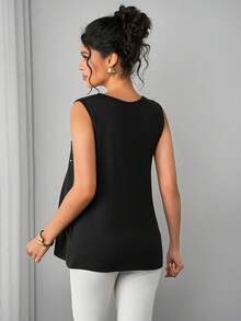 SHEIN Maternity Sleeveless Round Neck Pearl Decor A-Line Camisole - Black - View 2