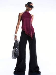 LYSMO 2026 New Arrive Minimalism Spring/Summer Women's Sexy Lace Patchwork Rhinestone Asymmetric Hem Backless Halter Top, Summer - Burgundy - View 7