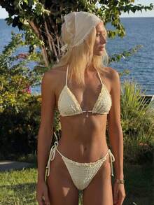 Swim Mod Women's New Textured Fabric Flounce Backless Triangle Bikini Set, Sweet Beach Vacation Swimwear, Spring/Summer - Yellow - View 3