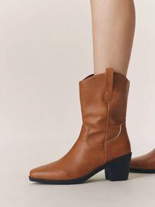 Styleloop Women's Dark Punk Gothic Boots, White Embroidered Western Leather Pointed Toe Chunky Heel V-Cut Riding Mid-Calf Boots,Coachella Festival Wear - Brown - View 6