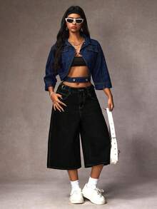 SHEIN Tall 女士高腰口袋宽松休闲阔腿七分牛仔裤 - 黑色 - 查看 5