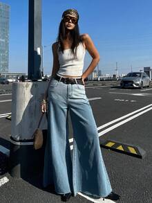 DAZY 女士宽松渐变水洗阔腿牛仔裤，休闲度假裤，春夏Y2K风格 - 藍色 - 查看 6