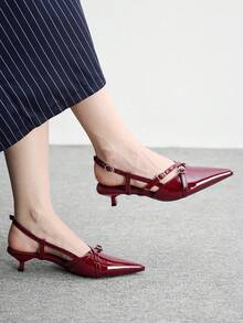 CUCCOO BIZCHIC 女士尖头漆皮酒红色交叉绑带舒适高跟鞋，适合工作和日常穿着。 - 酒紅色 - 查看 1