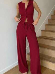 SHEIN EZwear 红色前扣吊带背心和裤子通勤日常穿着套装 - 酒紅色 - 查看 9