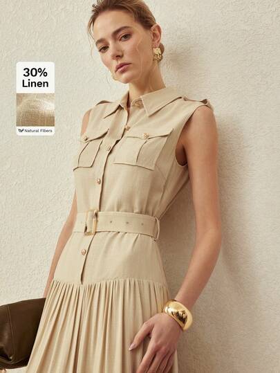 MOTF PREMIUM LINEN BLEND UTILITY POCKET LAYERED MAXI SHIRT DRESS, VINTAGE STYLE, SPRING/SUMMER