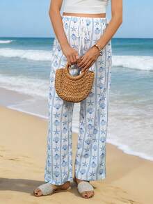 SHEIN 夏季孕妇海星贝壳印花阔腿沙滩裤 - 彩色 - 查看 2