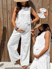 Boho Mama White Summer Boho Maternity Holiday,Women's Two Pieces Set,Embroidered Eyelet Lace Jumpsuit Romper,Baby Shower Outfit,Country Style Pregnancy Clothes - White - View 4