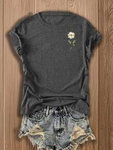 EMERY ROSE 复古风大码女式T恤 - 迷人的雏菊印花，双面印花，舒适百搭，适合休闲夏季穿搭和日常穿着。 - 深灰色 - 查看 3