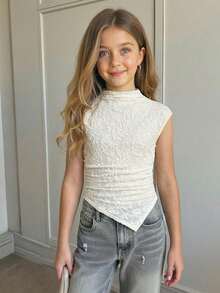 SHEIN Tween Girl Casual Fashion Mock Neck Lace Hem T-Shirt - Beige - View 1