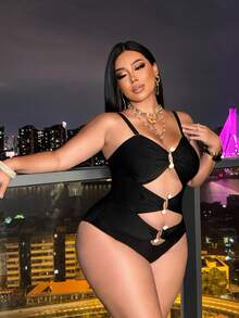 Swim SXY Plus Size Women's Solid Color Detachable Strap Hollow Out Sexy One-Piece Swimsuit, Fashionable For Beach & Resort - Black - View 3