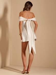 SHEIN BAE Apricot & White Satin A-Line Sleeveless Off-Shoulder Elegant Dress, Suitable For Vacation, Bridesmaid, Birthday, Graduation, White Dress - White - View 1