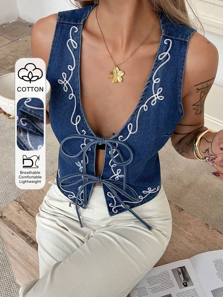 Western Cowgirl Contrast Color Embroidered Floral Pattern V-Neck Tie Sleeveless Casual Denim Jacket & Vest For Summer Women