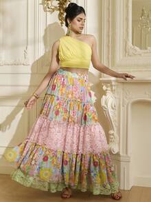 LOTSLUV Saia Ampla Feminina com Estampa Floral Colorida, Renda Contrastante, Extra Grande - Multicolorido - Visão 6