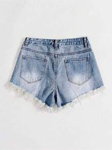 SHEIN PETITE 女士休闲破洞毛边牛仔短裤 - 中等水洗藍 - 查看 2