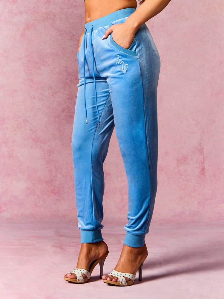 BABYPHAT Women's Light Blue Velour Joggers With Drawstring Waist And Cuffed Ankles For Casual Comfort And Style