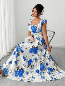 Elenzga Plus Size Women's Vintage French Style Versatile Vacation Date Ruched Waist Slimming Floral Print Ruffle Sleeve Square Neck Maxi Dress - Blue and White - View 1