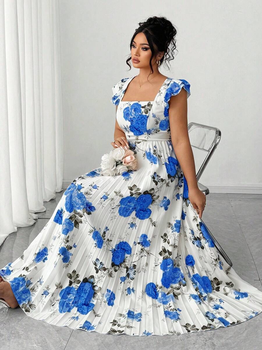 Elenzga Plus Size Women's Vintage French Style Versatile Vacation Date Ruched Waist Slimming Floral Print Ruffle Sleeve Square Neck Maxi Dress - Blue and White - View 1