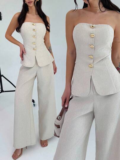 Firerie Women 2 Pieces Set Elegant Minimalist Metal Button Bandeau Top And High Waist Wide Leg Pants In Khaki, Suitable For Office, Leisure, Vacation Fashion Clothing Street Chic Workwear Suit