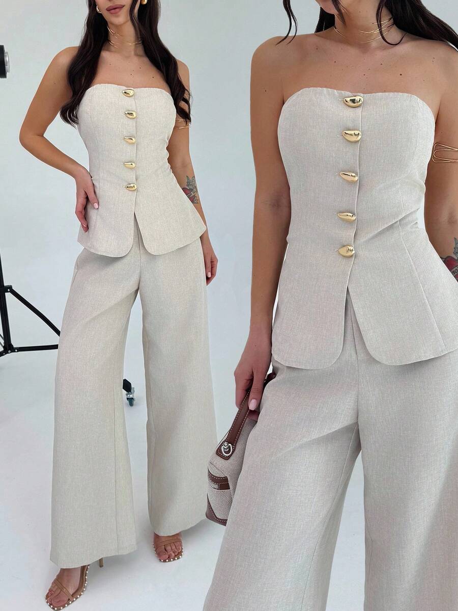 Firerie Women 2 Pieces Set Elegant Minimalist Metal Button Bandeau Top And High Waist Wide Leg Pants,Beige Summer Brunch Fashion Street Workwear Suit