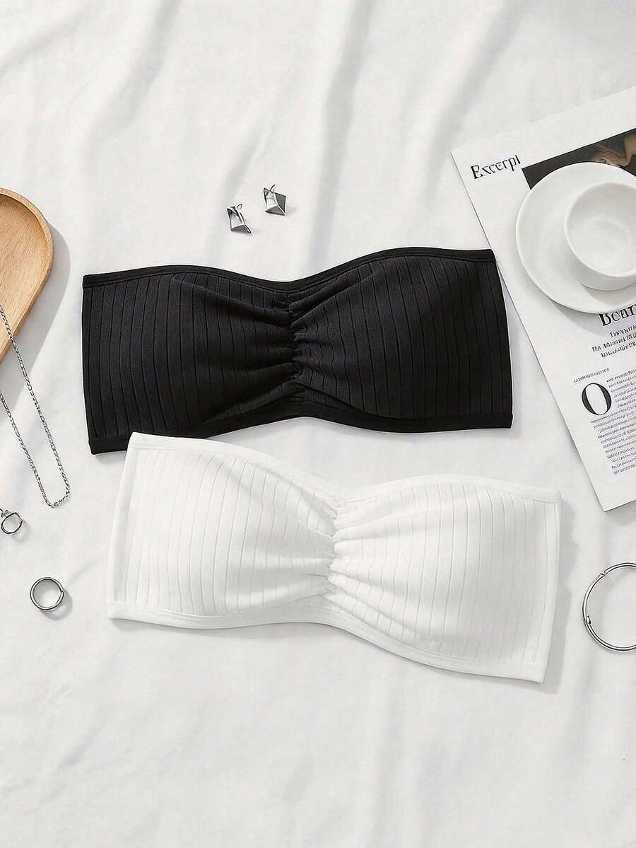 SHEIN 2 piezas Conjunto de sujetador tubo con recogido, acolchado desmontable y transpirable para niñas preadolescentes - Blanco y Negro - Ver 1