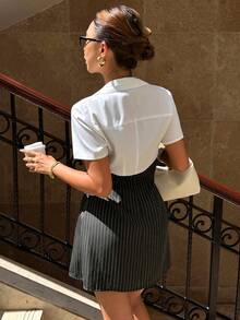 Siren Gaze Women's Grey Summer Chic Pinstripe Wrap Shirt Dress,Short Sleeve Tie Waist V Neck Mini Dress,Elegant Office Casual Brunch Wear,Minimalist Fitted,Urban - Grey - View 3