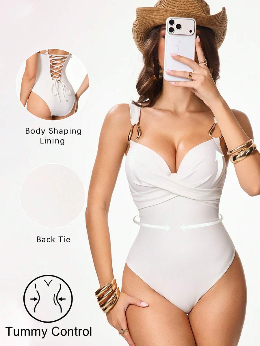 Shapewave Áo tắm một mảnh thời trang gợi cảm dành cho nữ, dây đeo vai mảnh có thể điều chỉnh, đệm mút rời, họa tiết giọt nước ánh kim, thích hợp cho mùa xuân/hè. - trắng - Xem 1
