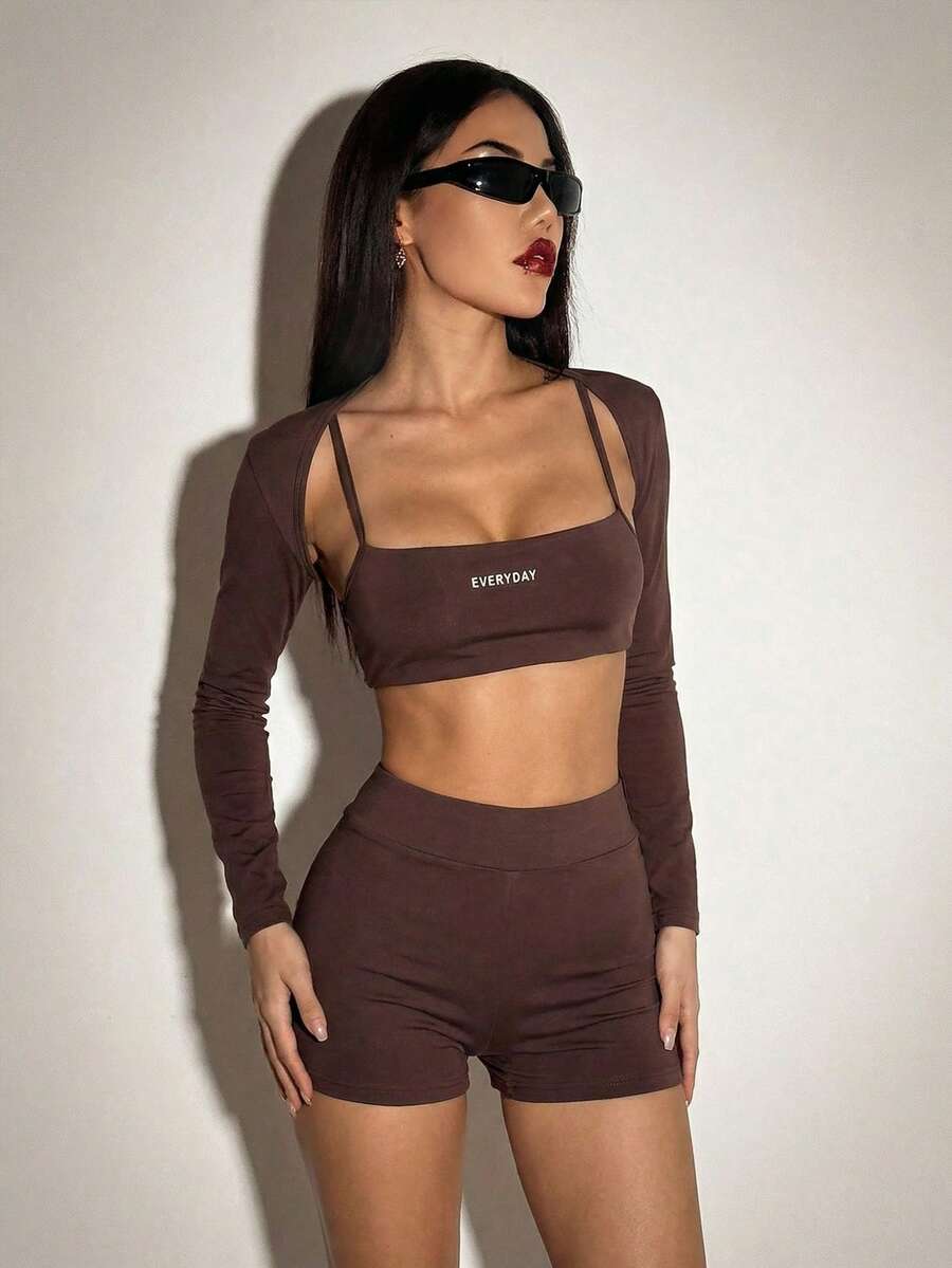 SHEIN ICON 3件套 女士吊带短裤和露脐上衣 - 棕色 - 查看 1